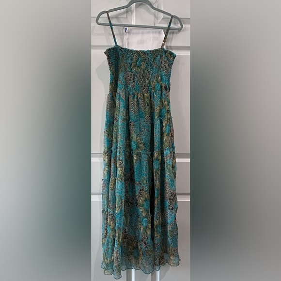 Magic Smocked Fairy Maxi Dress Size S Chiffon Asymmetrical Mermaid Peacock Y2k - Picture 1 of 10